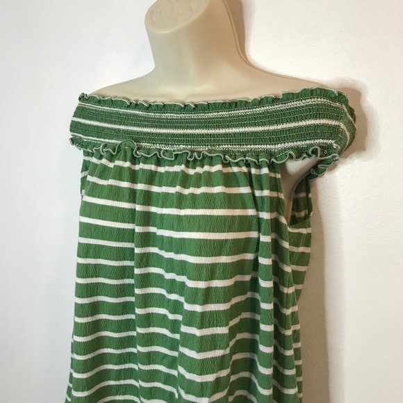 Max Studio SMALL S Green White Striped Off the Shoulder Shirt Blouse Stretch - Picture 3 of 9